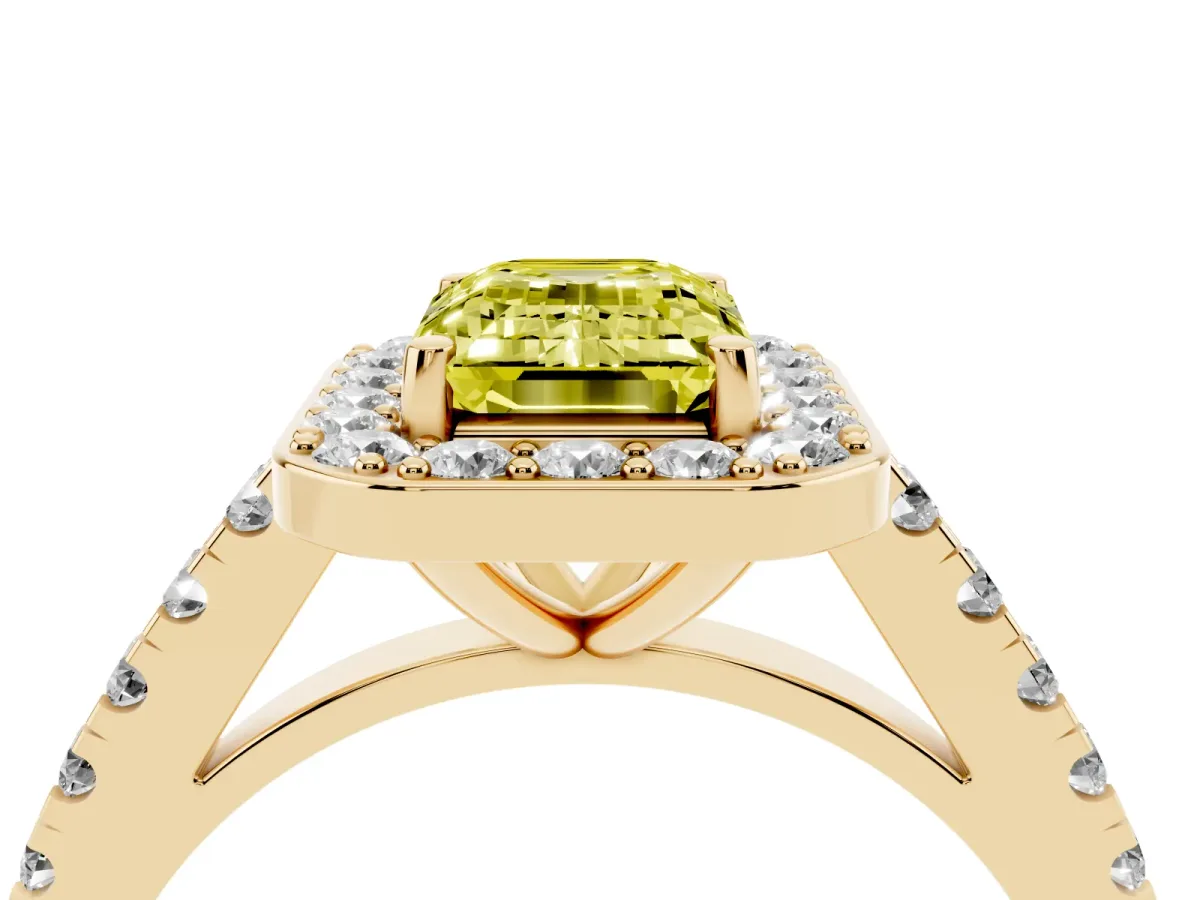 Fancy Yellow Emerald Cut Diamond Halo Ring with Round Pavé Split Shank and Prong Setting Yellow gold