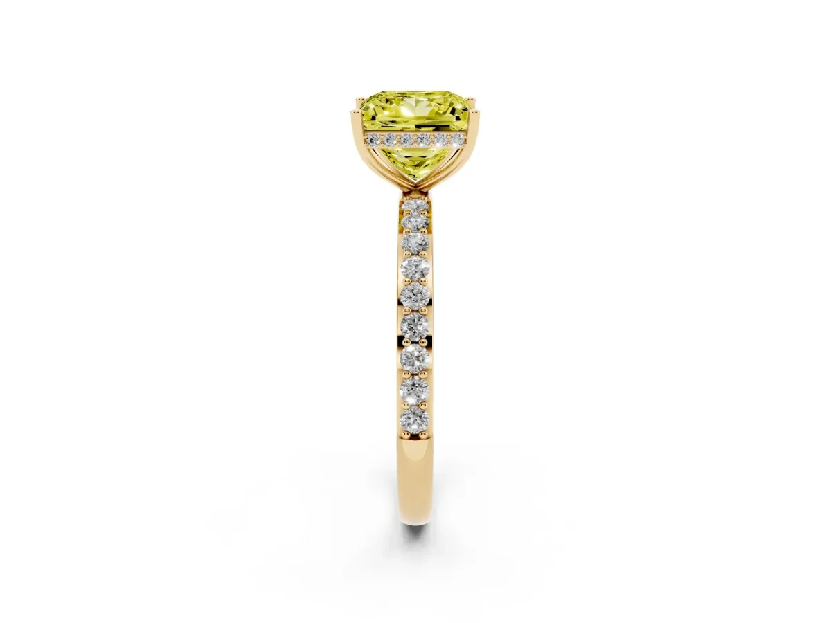 Fancy Yellow Princess Cut Diamond Solitaire Ring with Pavé Band and Hidden Halo Yellow gold