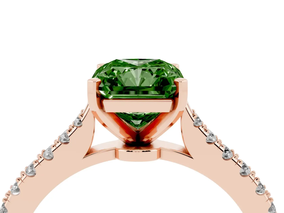 Fancy Green Radiant Cut Cut Solitaire Diamond Engagement Ring with Pave Band and Four-Prong Setting Rose gold