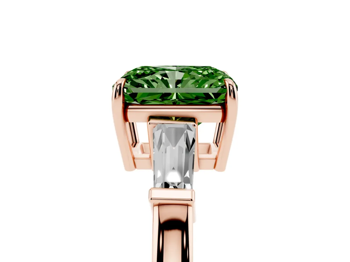 Fancy Green Radiant Cut Diamond Three-Stone Ring with Tapered Baguette Side Stones and Prong Setting Rose gold