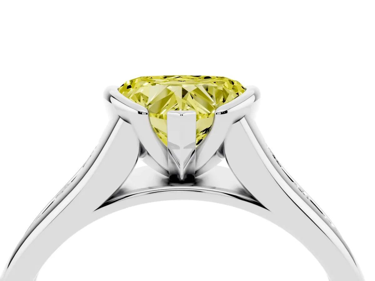 Fancy Yellow Heart Cut Solitaire Bezel-Set Diamond Ring with Channel-Set Band Silver