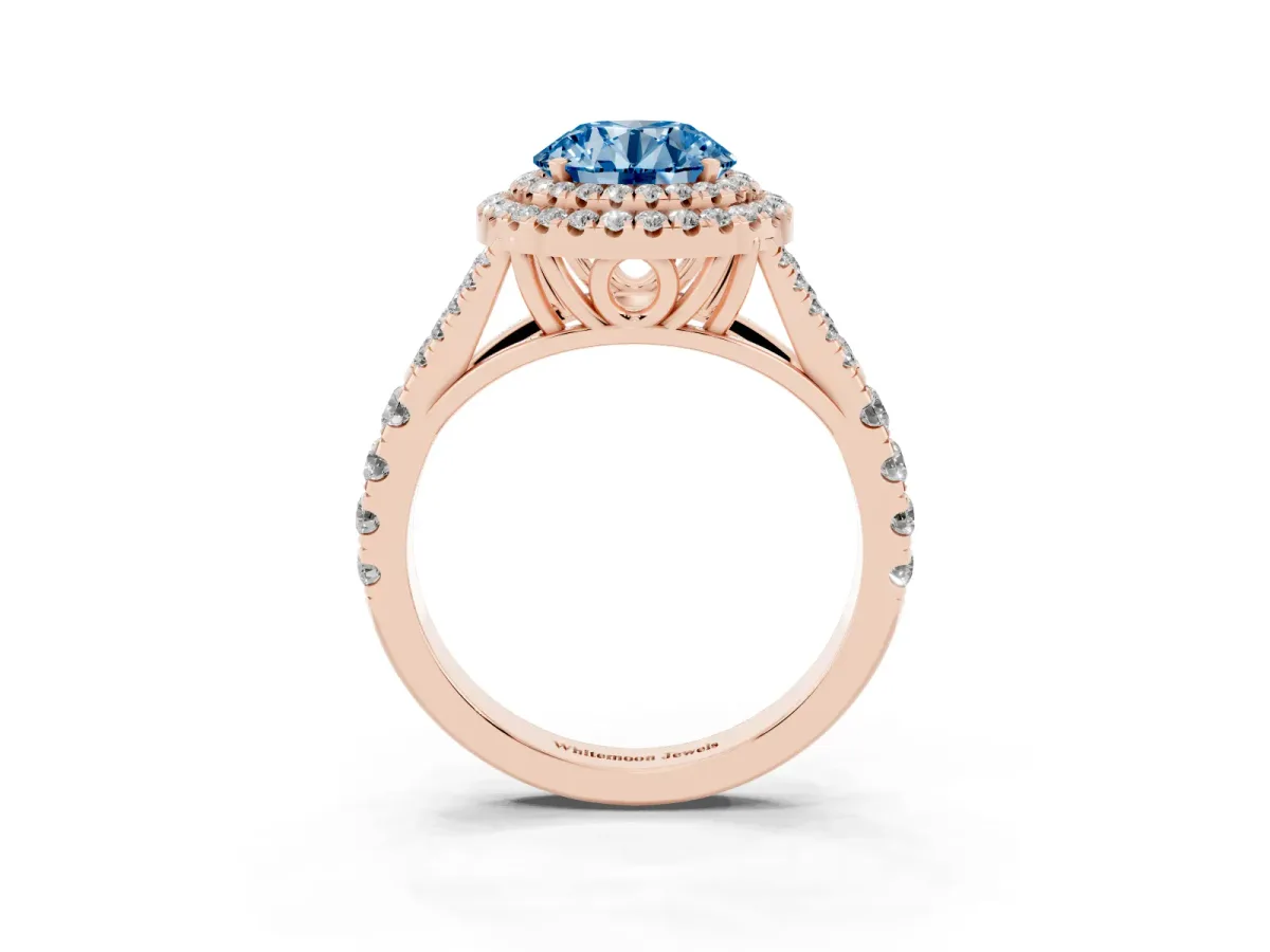 Fancy Blue Round Cut Diamond Double Halo Ring with Split Shank and Prong Setting Rose gold