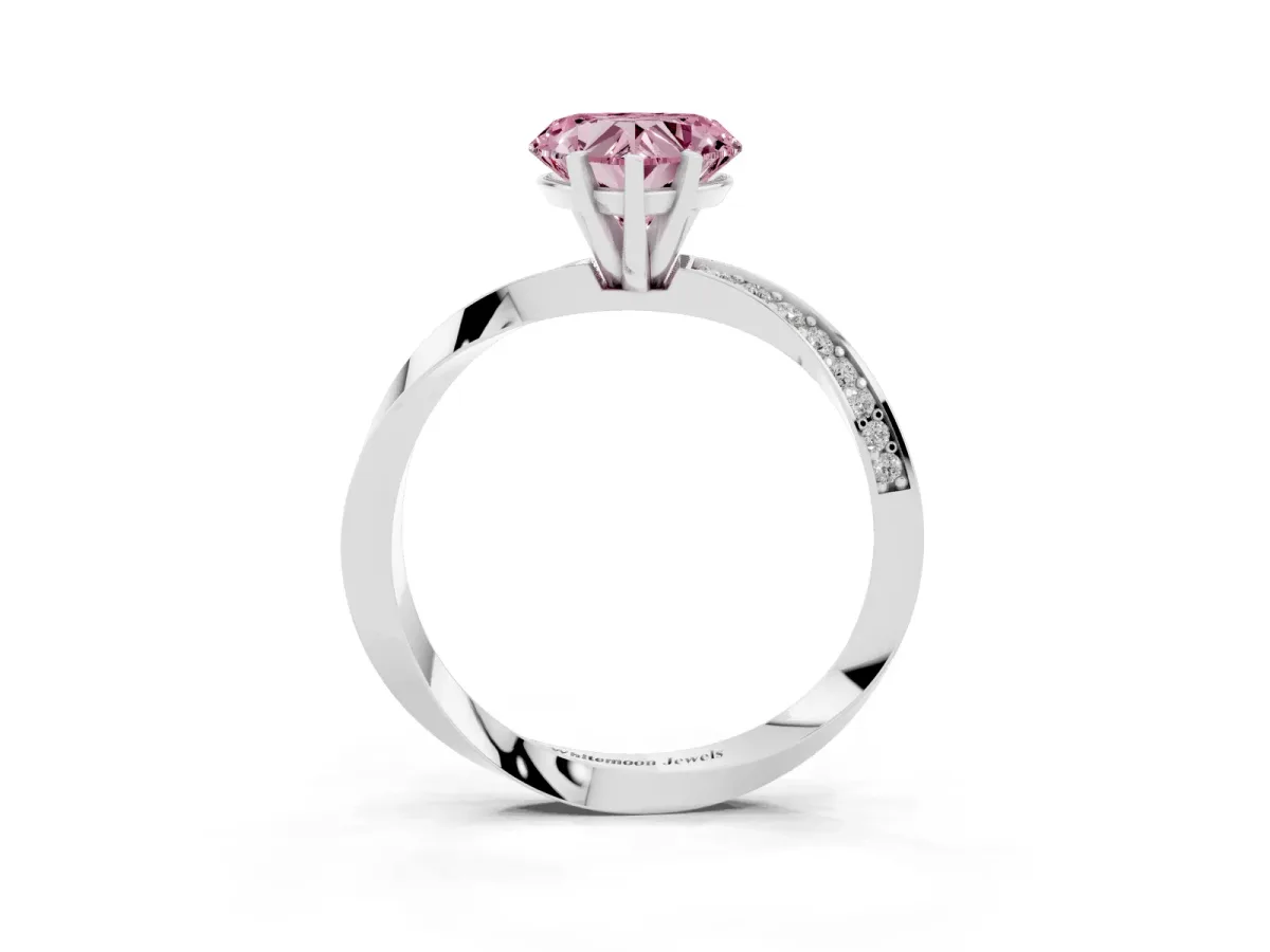Fancy Pink Heart Cut Diamond Engagement Ring with Side Stone Accents and Four-Prong Setting Platinum