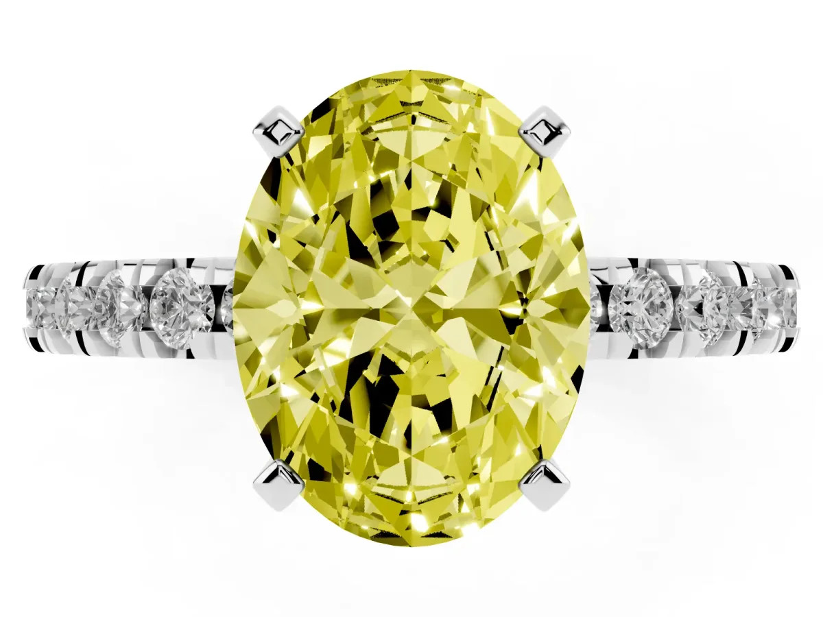 Fancy Yellow Oval Cut Diamond Pavé Band Solitaire with Four-Prong Setting Silver