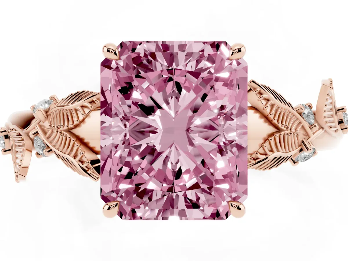 Fancy Pink Radiant Cut Diamond Solitaire Ring with Leaf Motif Band and Four-Prong Setting Rose gold