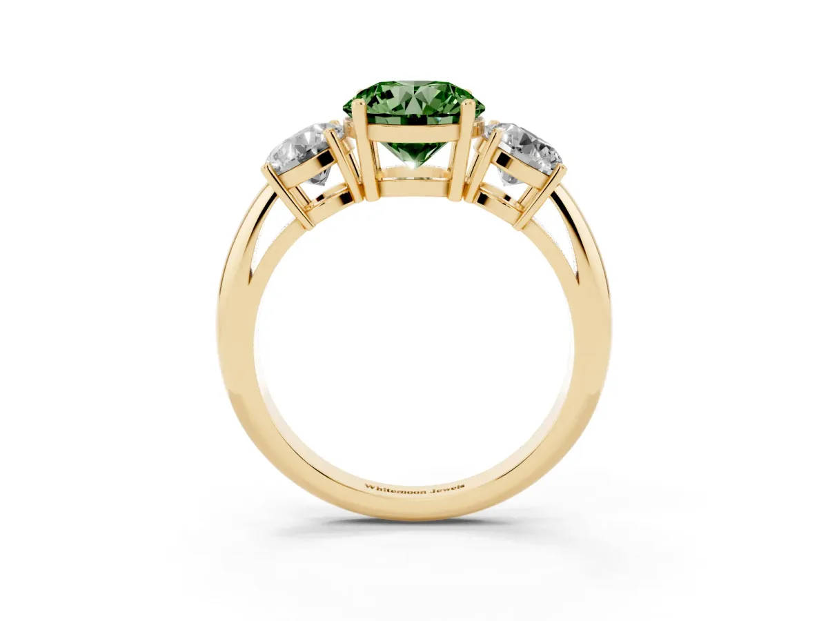 Fancy Green Three-Stone Round Cut Cut Diamond Engagement Ring with Prong Setting on a White Gold Band Yellow gold