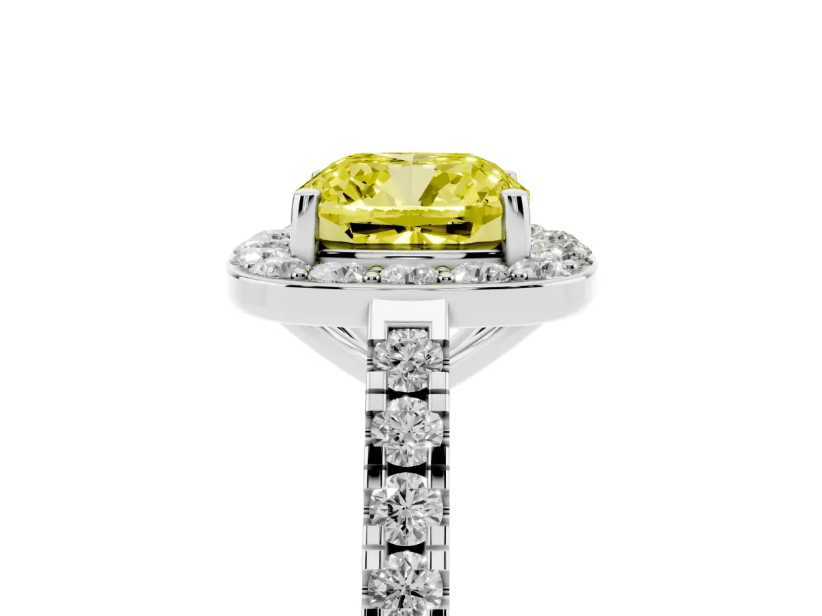 Fancy Yellow Cushion Cut Diamond Halo Ring with Round Pavé Split Shank and Prong Setting Silver