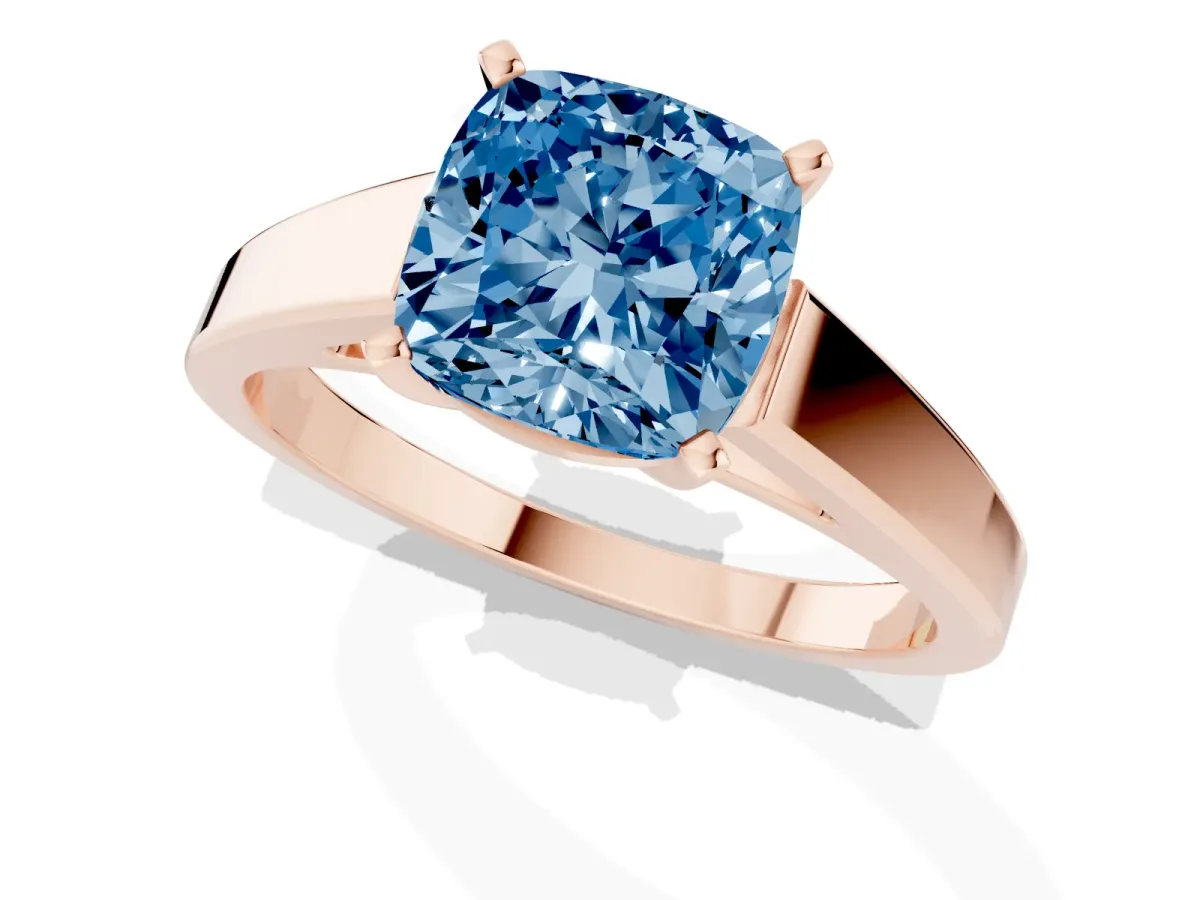 Fancy Blue Cushion Cut Solitaire Engagement Ring with Four-Prong Setting and Tapered Band Rose gold