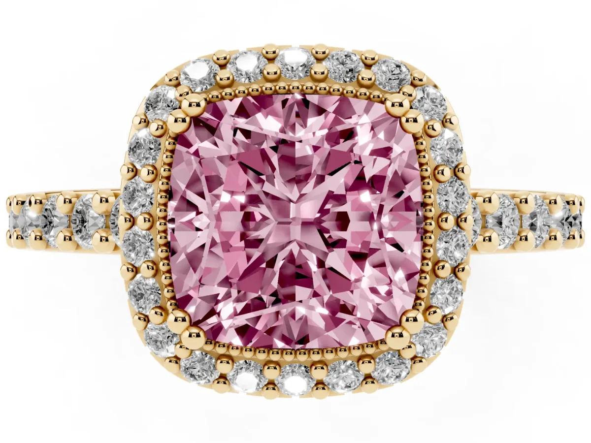 Fancy Pink Cushion Cut Cut Diamond Halo Engagement Ring with Milgrain Detail and Pavé Band Yellow gold