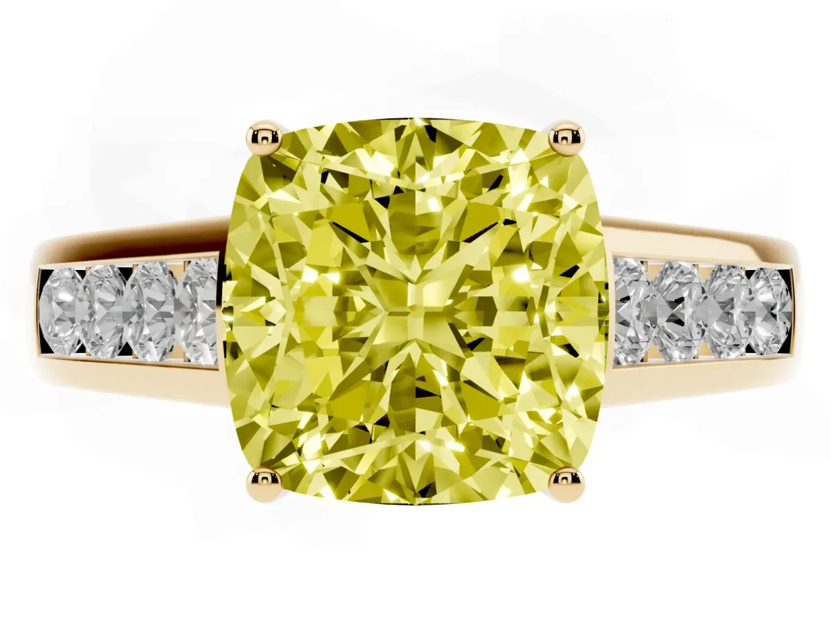 Fancy Yellow Cushion Cut Brilliant Channel-Set Solitaire Ring with Four-Prong Setting Yellow gold