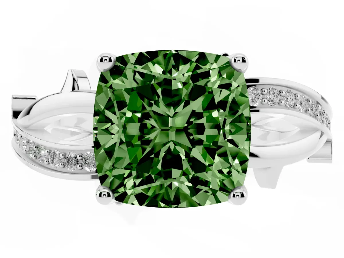 Fancy Green Cushion Cut Solitaire Twist Band with Pavé Accents and Four-Prong Setting Silver