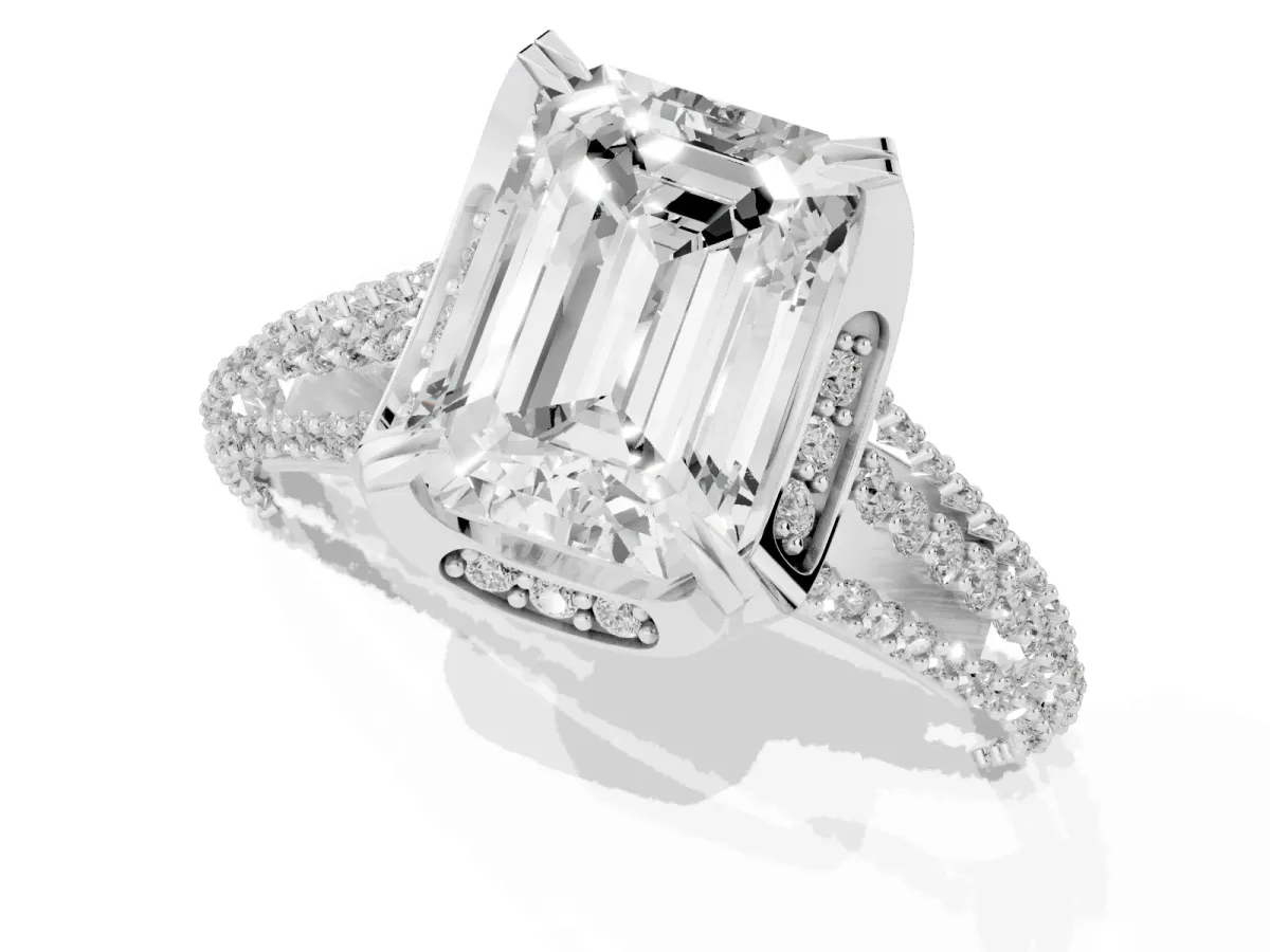 Emerald Cut Solitaire Pave Split Shank Ring with Four-Prong Setting Silver