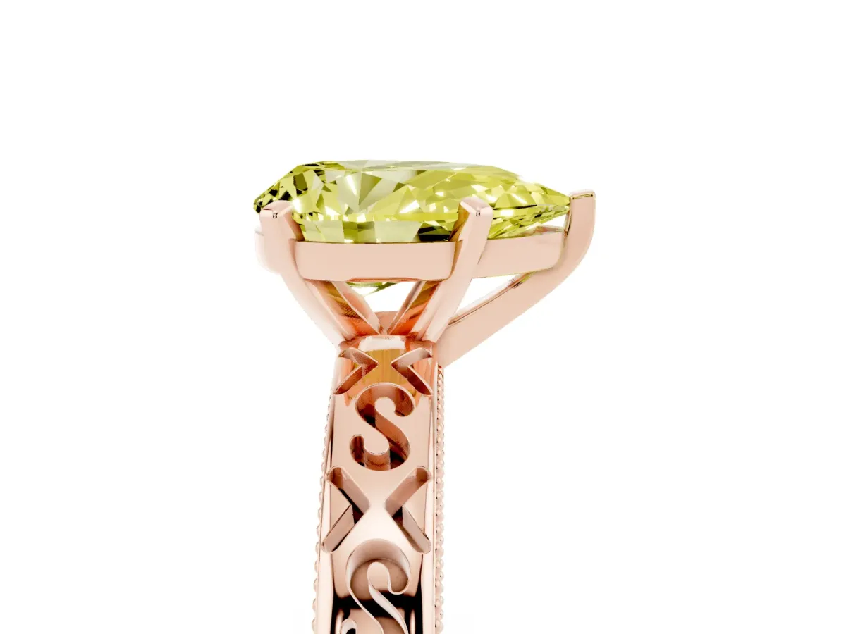 Fancy Yellow Pear Cut Solitaire Engagement Ring with Scrollwork Band and Four-Prong Setting Rose gold