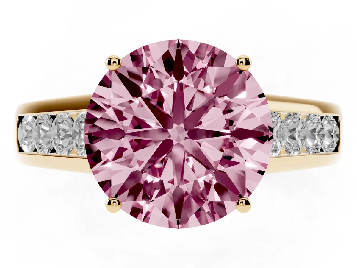 Fancy Pink Round Cut Solitaire Channel-Set Diamond Engagement Ring with Four-Prong Setting Yellow gold