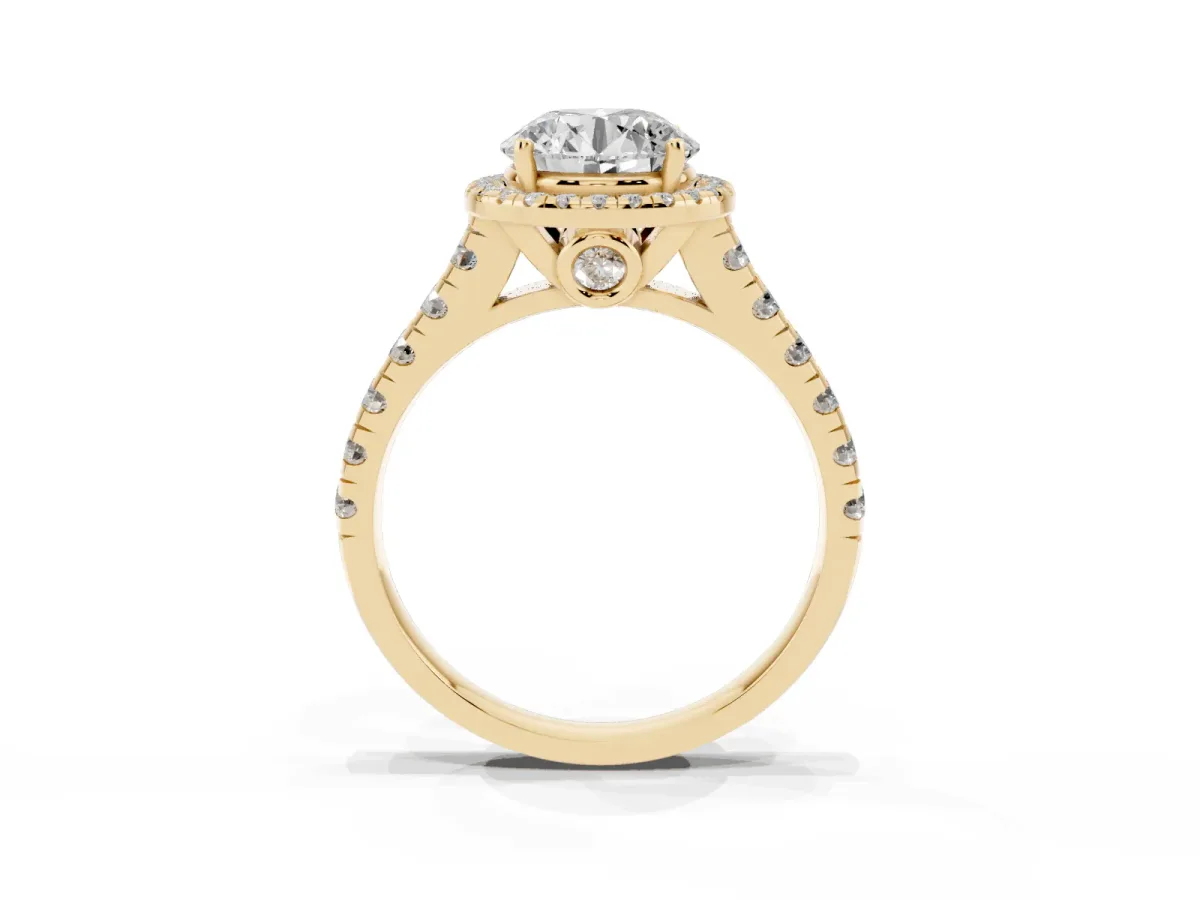 Round Cut Halo Pavé Diamond Engagement Ring with Four-Prong Setting Yellow gold