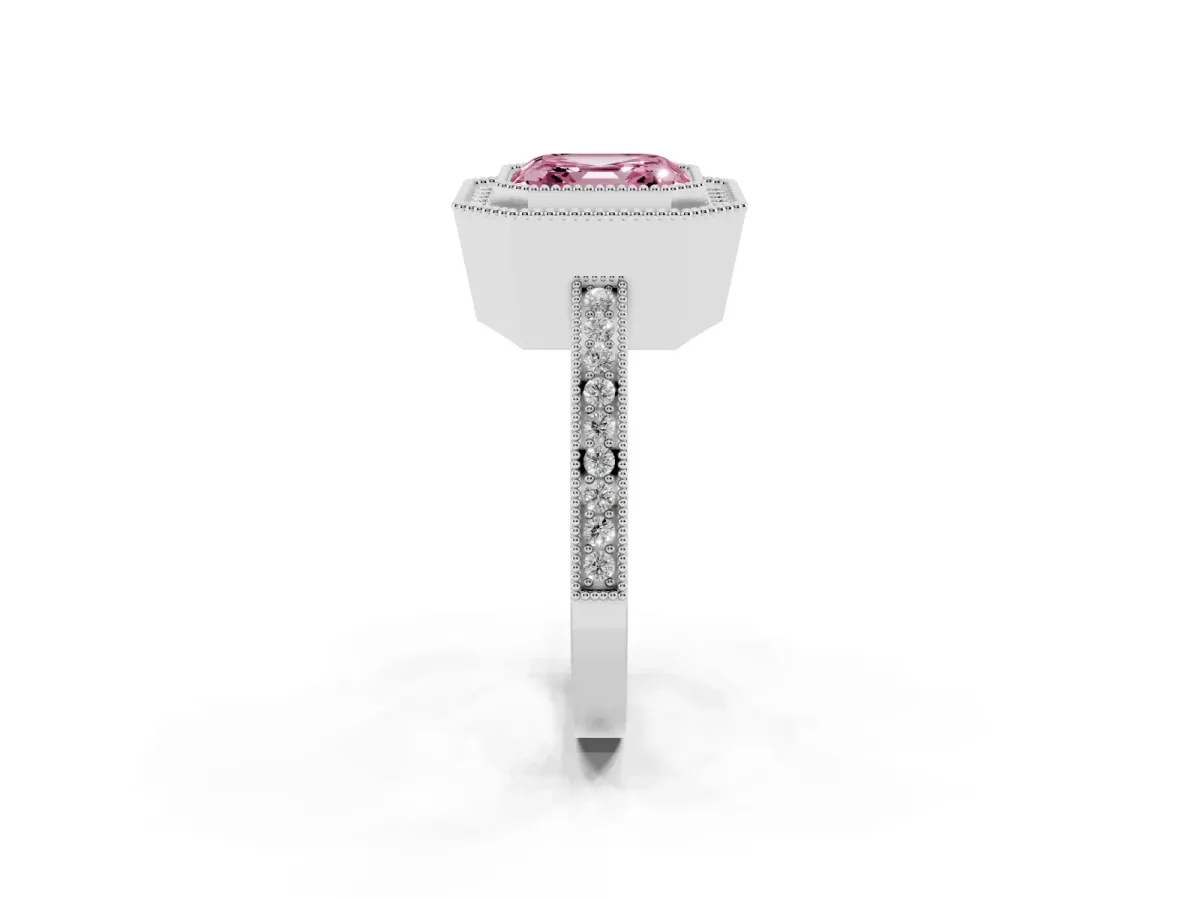 Fancy Pink Asscher Cut Cut Halo Diamond Ring with Pavé Band and Milgrain Prong Setting Silver