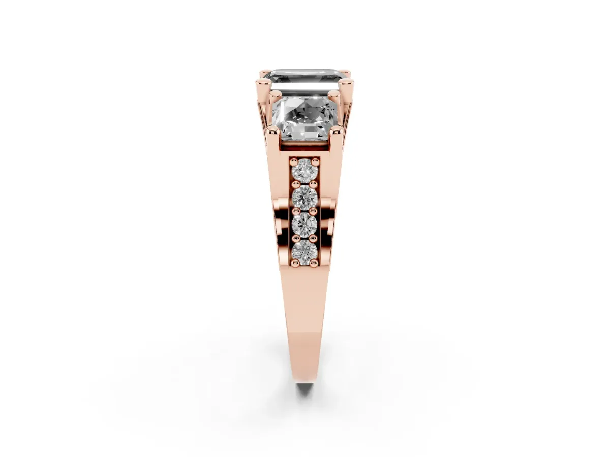 Fancy Black Asscher Cut Diamond Three-Stone Ring with Channel Set Band and Four-Prong Setting Rose gold