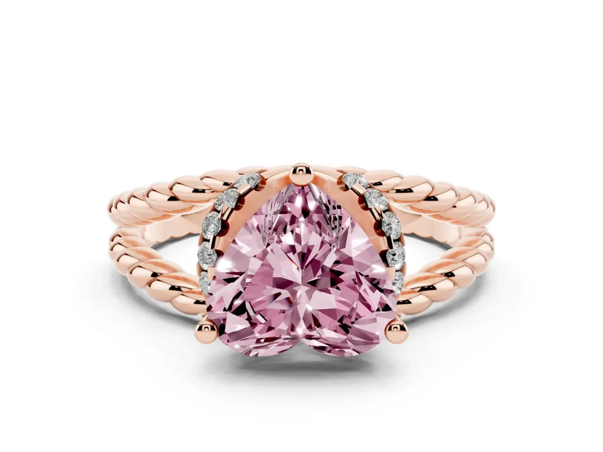 Fancy Pink Heart Cut Halo Twisted Band Four-Prong Ring Rose gold