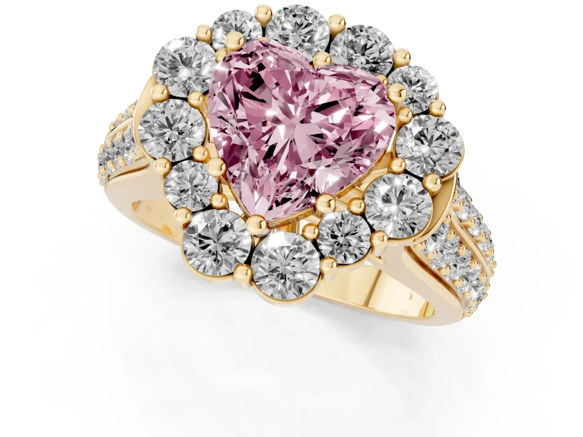 Fancy Pink Heart Cut Halo Diamond Engagement Ring with Split Shank and Prong Setting Yellow gold