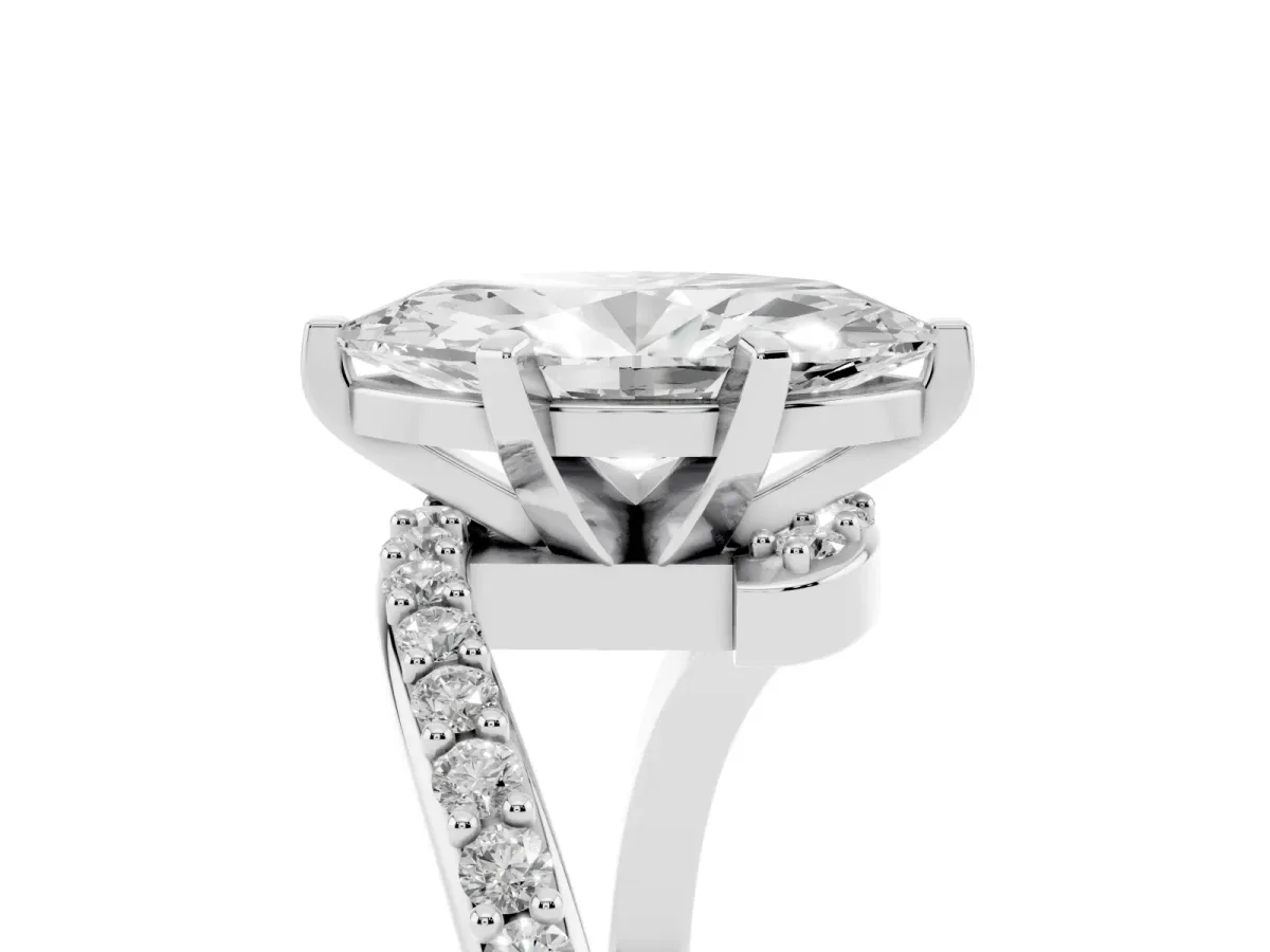 Marquise Cut Solitaire Twist Band with Pave Set Diamonds and Four-Prong Setting Platinum