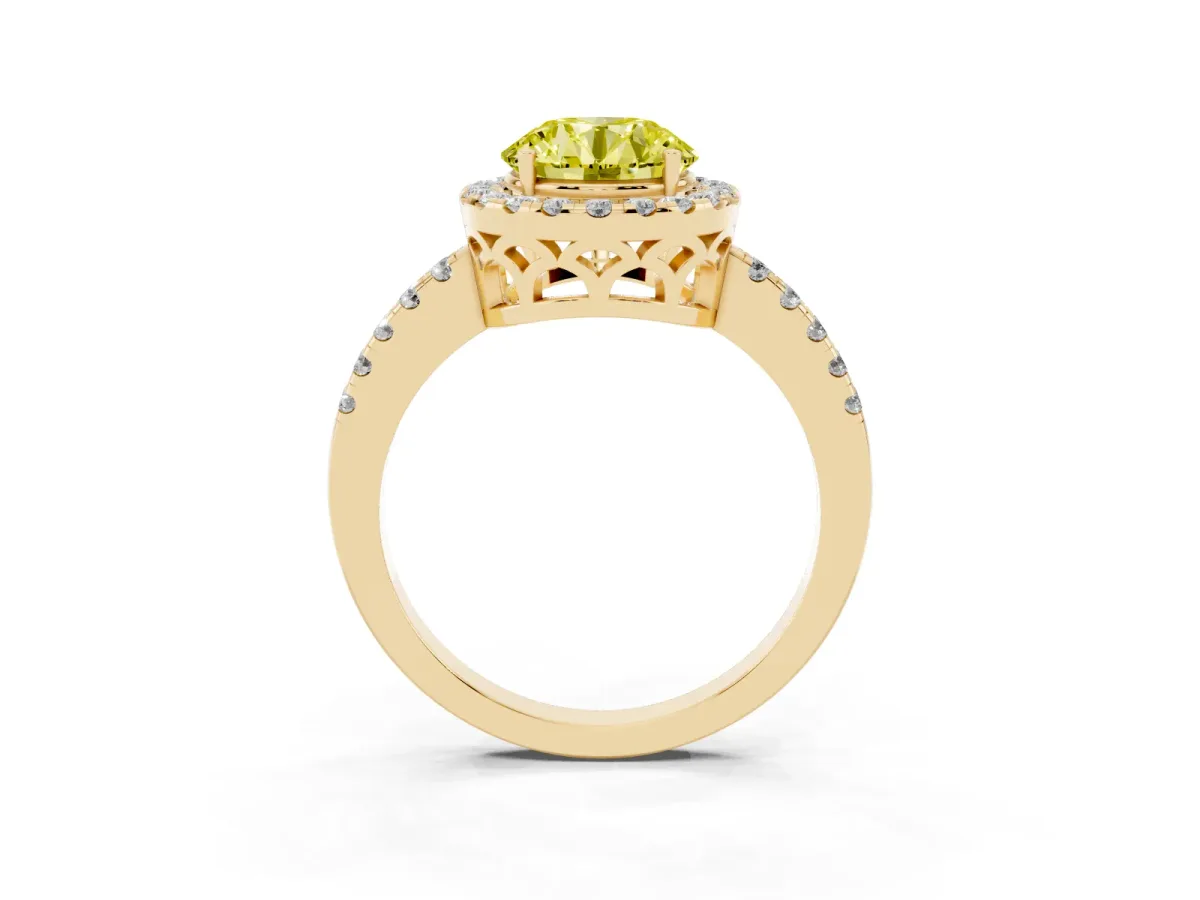 Fancy Yellow Round Cut Halo Diamond Engagement Ring with Pavé Band and Four-Prong Setting Yellow gold