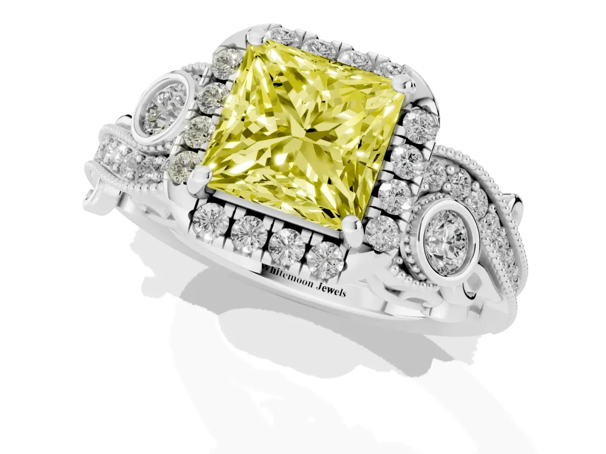 Fancy Yellow Princess Cut Diamond Halo Ring with Milgrain Pavé Band and Four-Prong Setting Silver