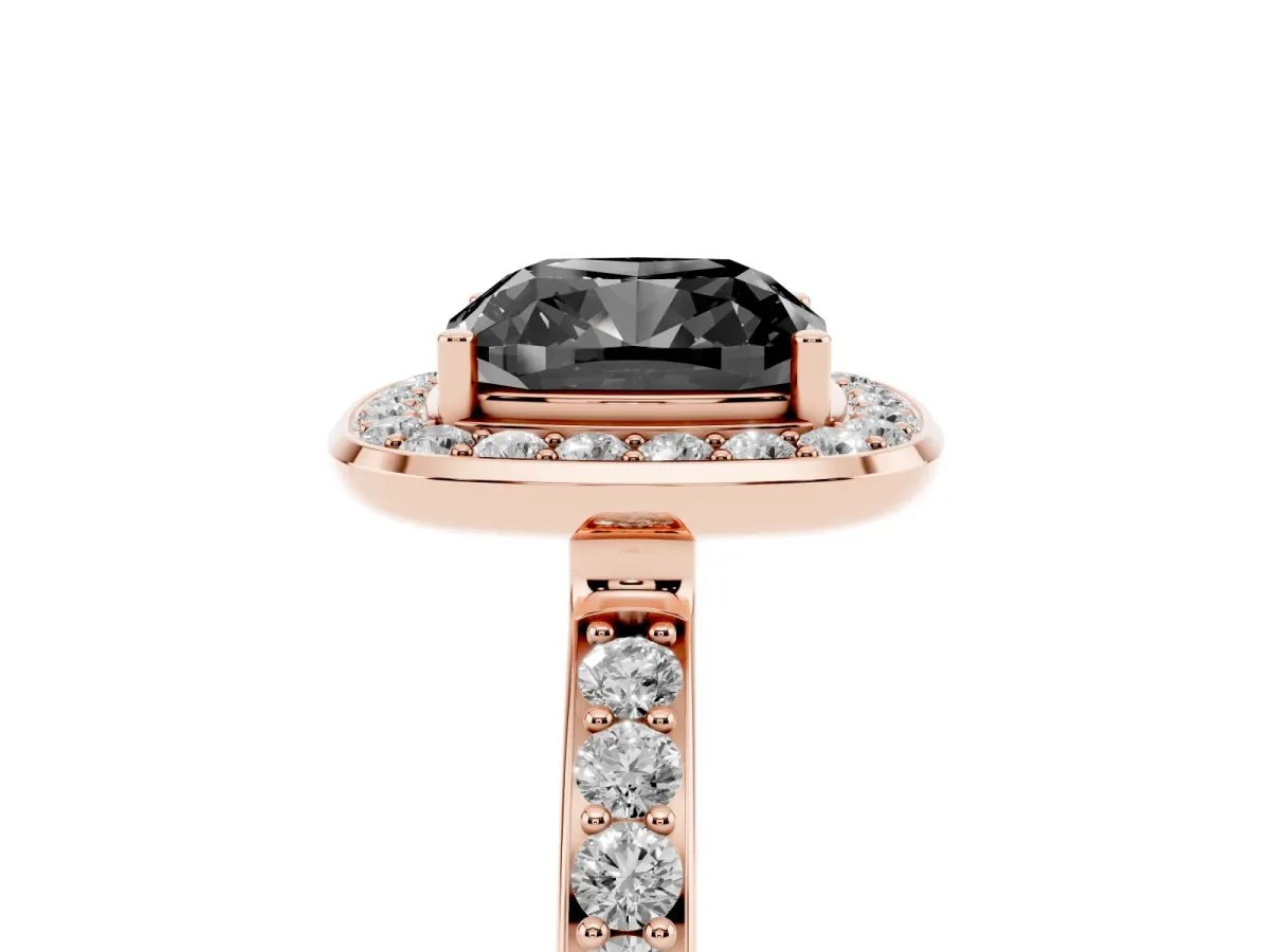 Fancy Black Cushion Cut Diamond Halo Ring with Bezel Frame and Pavé Band Rose gold