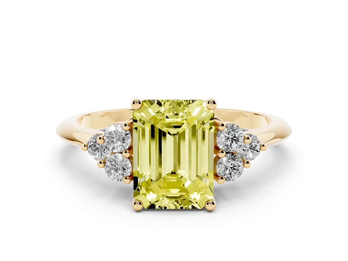 Fancy Yellow Emerald Cut Cut Diamond Cluster Ring with Solitaire Band and Four-Prong Setting Yellow gold