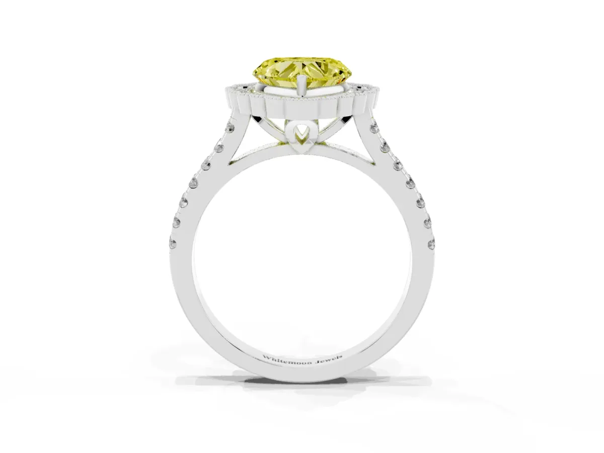 Fancy Yellow Heart Cut Cut Diamond Milgrain Floral Halo Engagement Ring with Pavé Band White gold