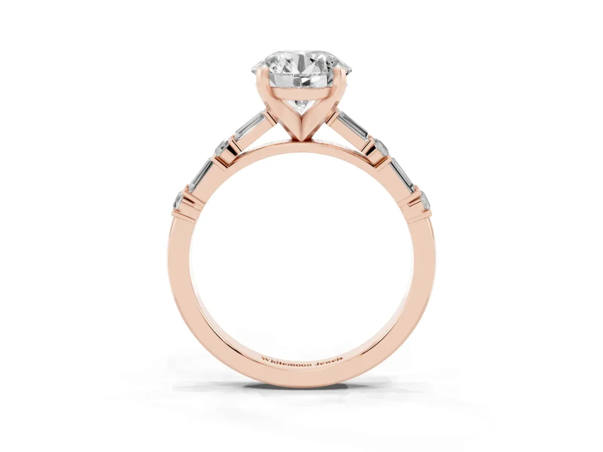 Round Cut Diamond Solitaire with Side Baguettes and Channel Set Band Rose gold
