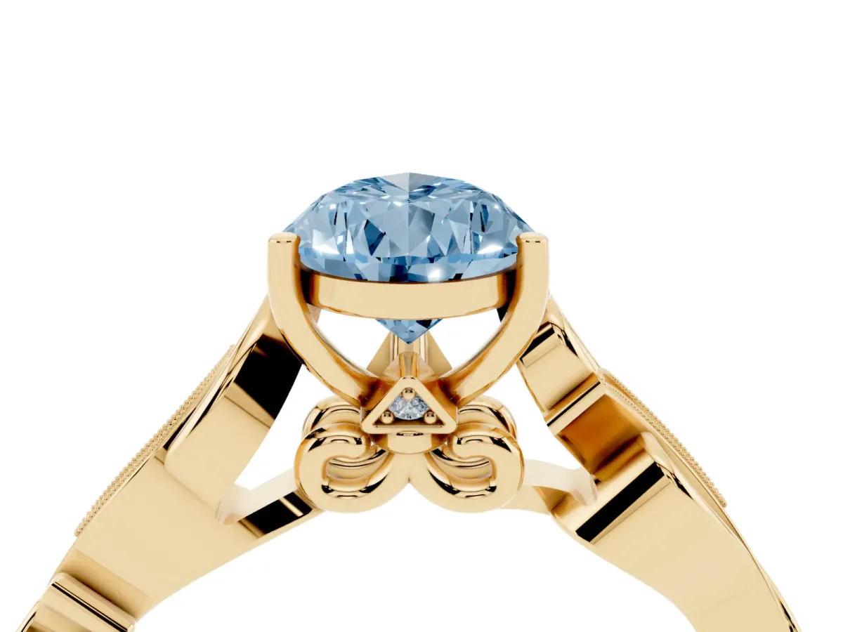 Fancy Blue Pear Cut Solitaire Vine Band with Milgrain Prong Setting Yellow gold