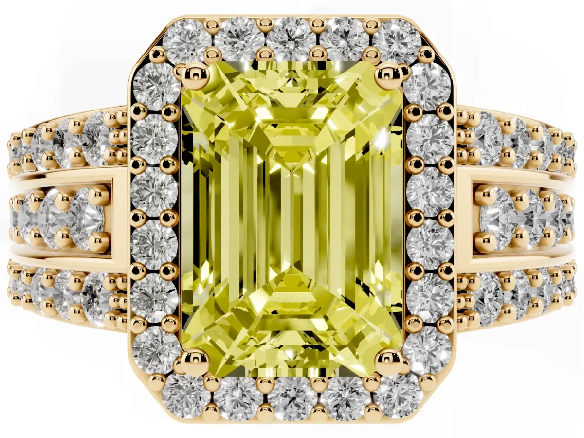 Fancy Yellow Emerald Cut Halo Diamond Ring with Round Split Shank and Prong Setting Yellow gold