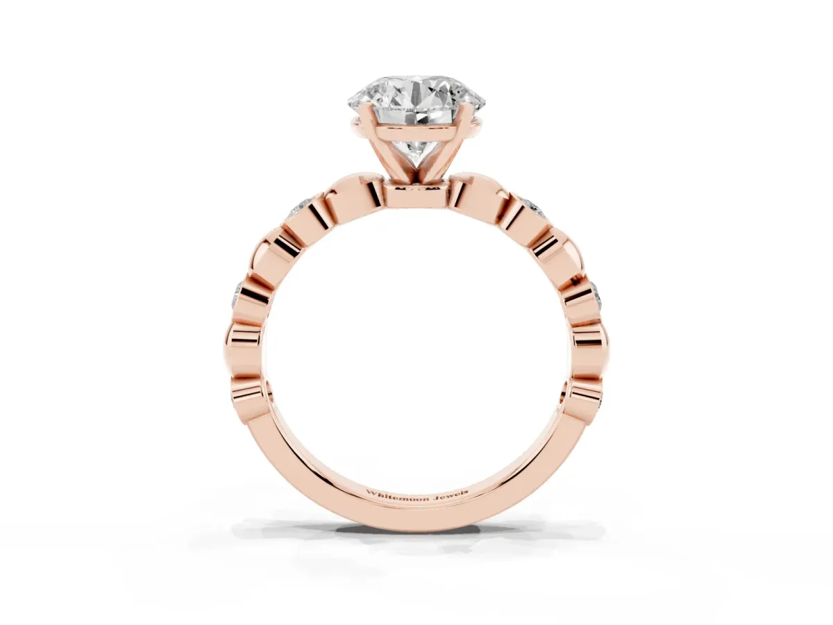 Round Cut Solitaire Bezel-Set Diamond Ring with Beaded Band and Four-Prong Setting Rose gold