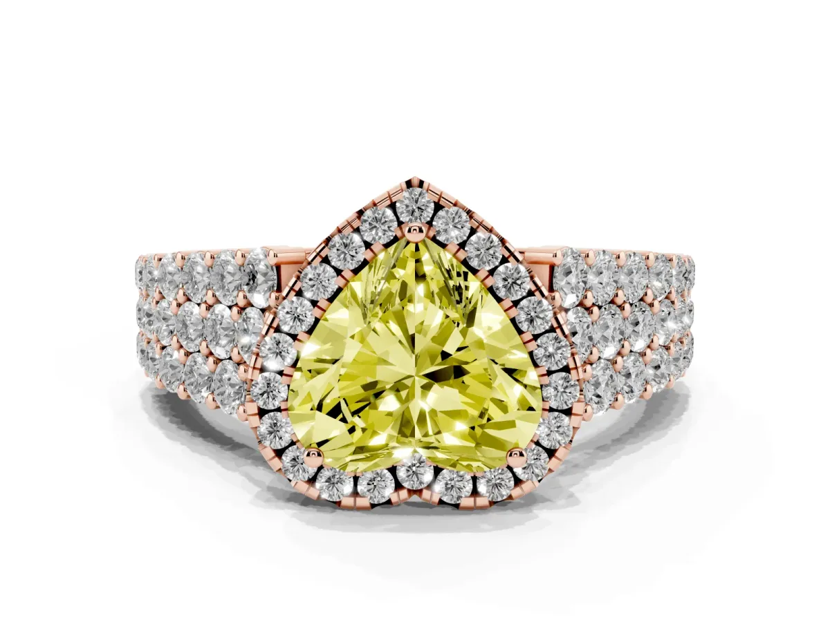 Fancy Yellow Heart Cut Diamond Halo Engagement Ring with Triple Row Round Pavé Band and Prong Setting Rose gold