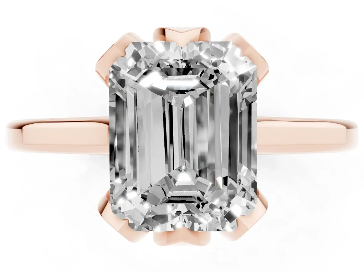 Emerald Cut Diamond Solitaire Ring with Flower Prong Setting and Classic Band Rose gold