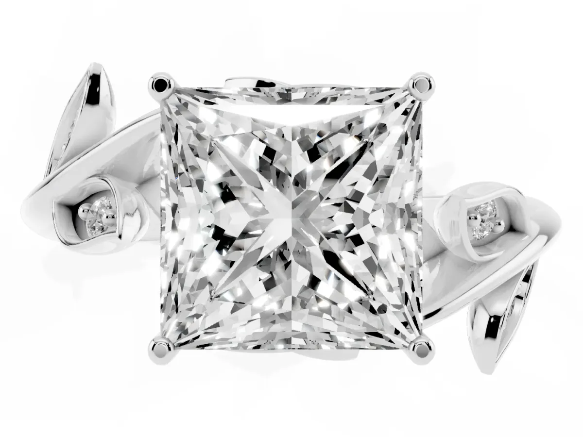Princess Cut Solitaire Twist Engagement Ring with Leaf Accents and Prong Setting Silver