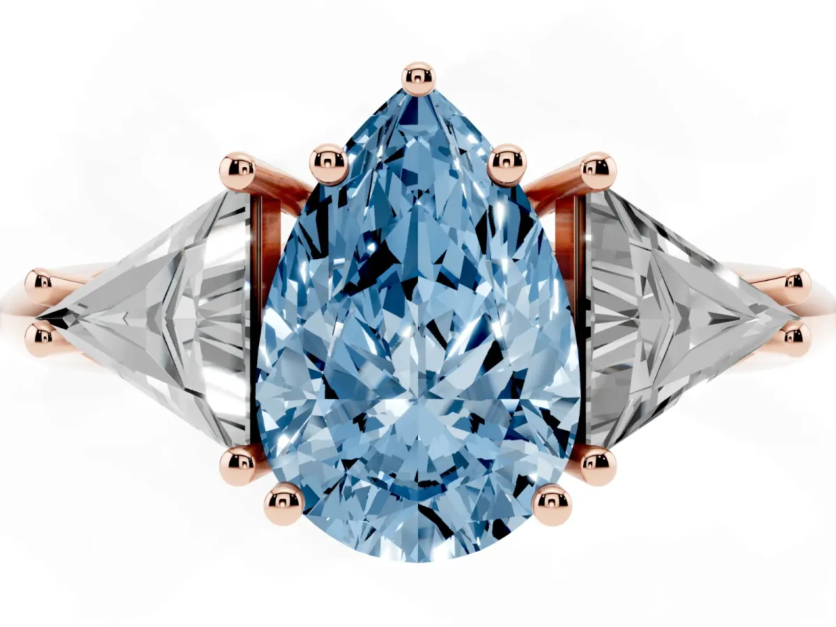 Fancy Blue Three-Stone Pear Cut Diamond Engagement Ring with Trillion Side Stones and Prong Setting Rose gold