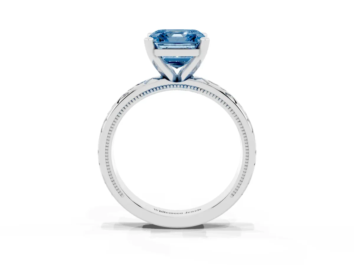 Fancy Blue Asscher Cut Solitaire Engagement Ring with Scrollwork Band and Four-Prong Setting Silver