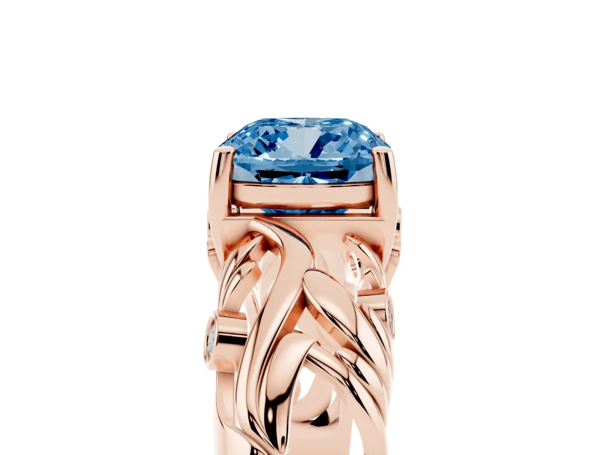 Fancy Blue Cushion Cut Solitaire Diamond Leaf-Inspired Vine Band Ring with Prong Setting Rose gold