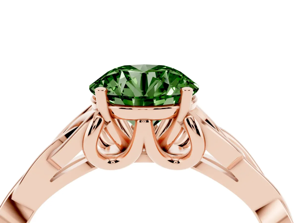 Fancy Green Round Cut Diamond Solitaire Engagement Ring with Celtic Knot Band and Four-Prong Setting Rose gold
