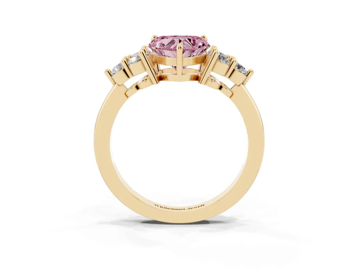Fancy Pink Heart Cut Brilliant Diamond Cluster Accent Solitaire Ring with Prong Setting Yellow gold