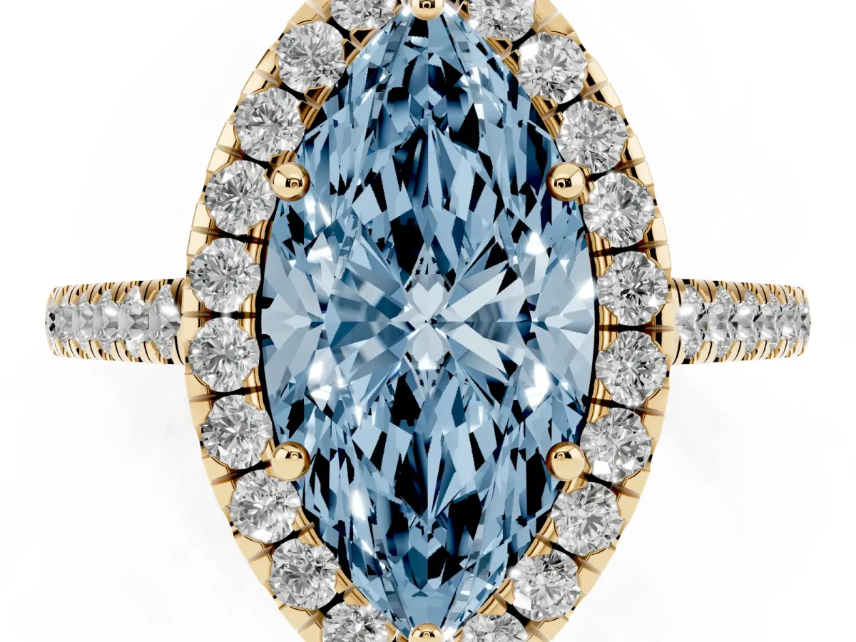 Fancy Blue Marquise Cut Halo Pave Diamond Engagement Ring with Four-Prong Setting Yellow gold