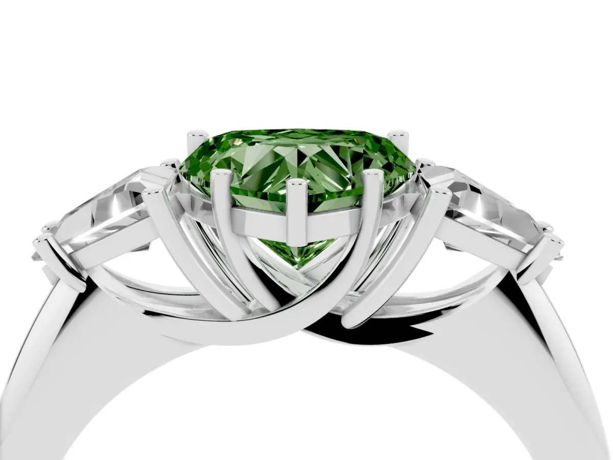 Fancy Green Three-Stone Heart Cut Diamond Engagement Ring with Trillion Side Stones and Prong Setting Silver