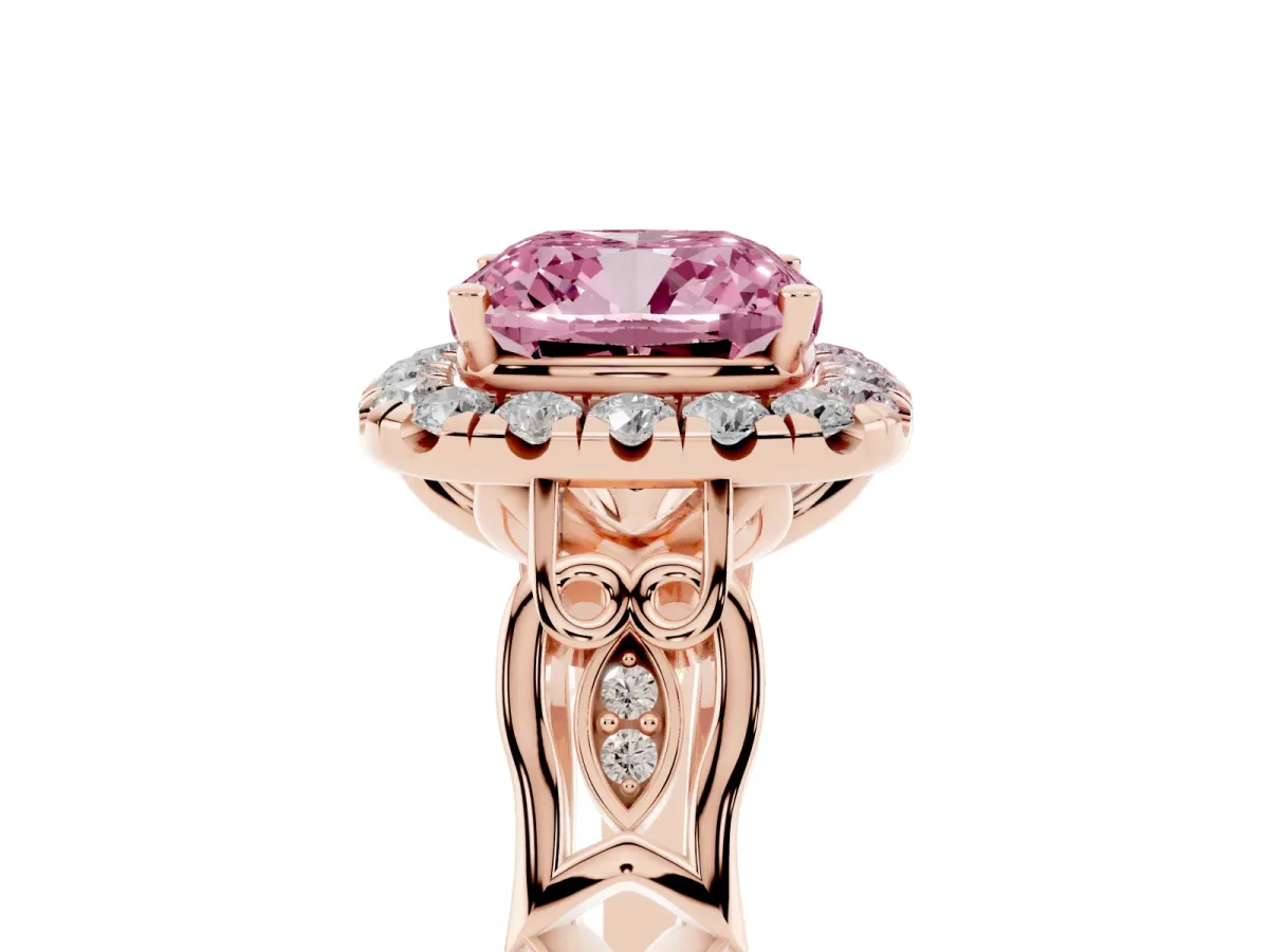 Fancy Pink Cushion Cut Halo Diamond Engagement Ring with Filigree Band and Four-Prong Setting Rose gold