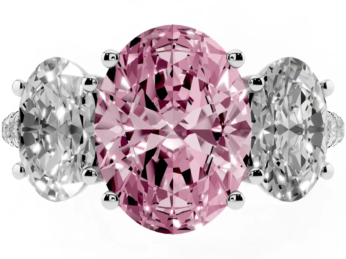 Fancy Pink Three-Stone Oval Cut Diamond Ring with Round Pavé Band and Prong Setting Silver