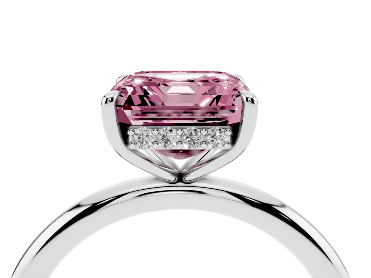 Fancy Pink Asscher Cut Diamond Solitaire Ring with Thin Band and Four-Prong Setting Silver