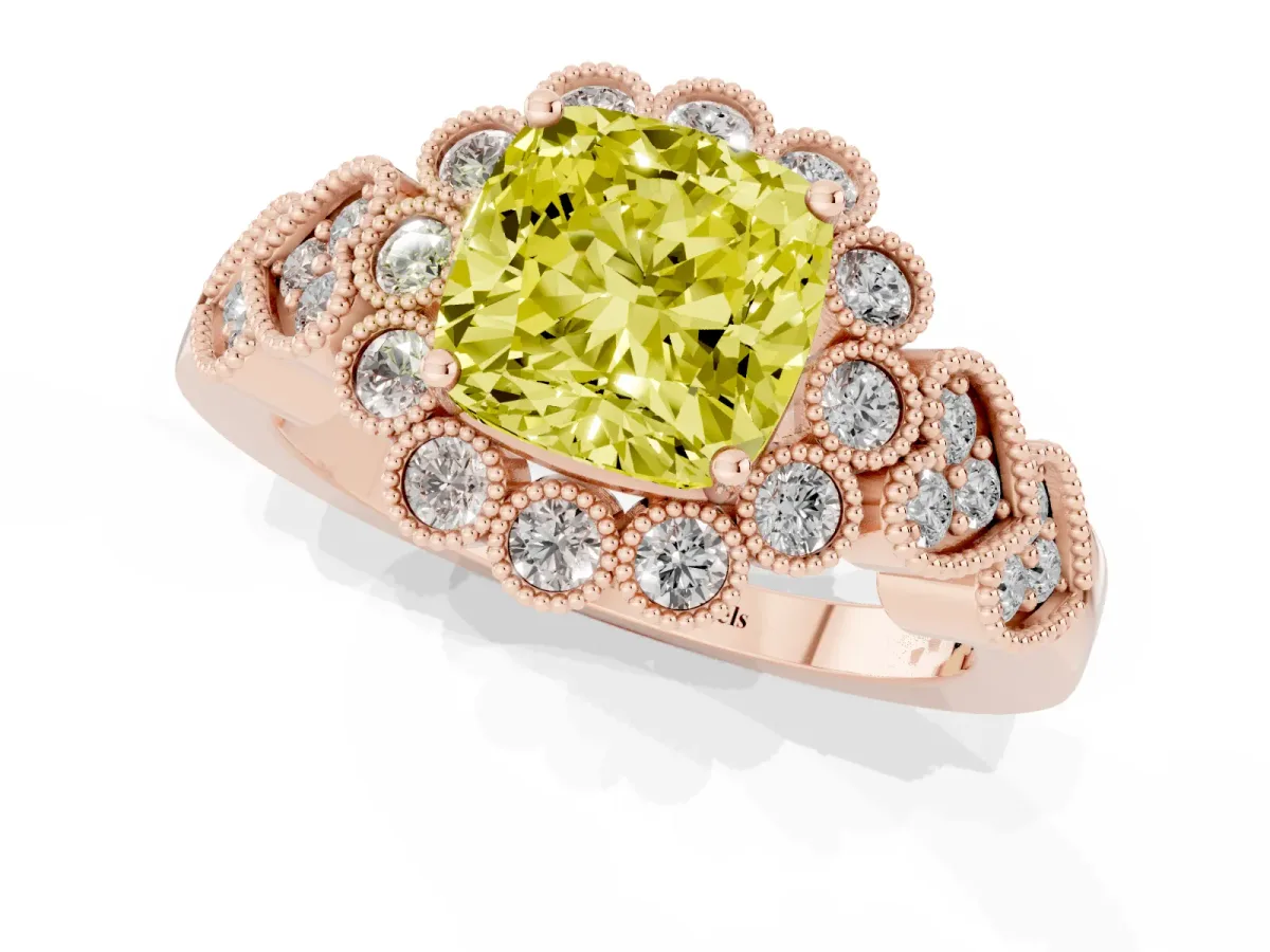 Fancy Yellow Cushion Cut Brilliant Milgrain Pave Heart Band Solitaire Ring Rose gold