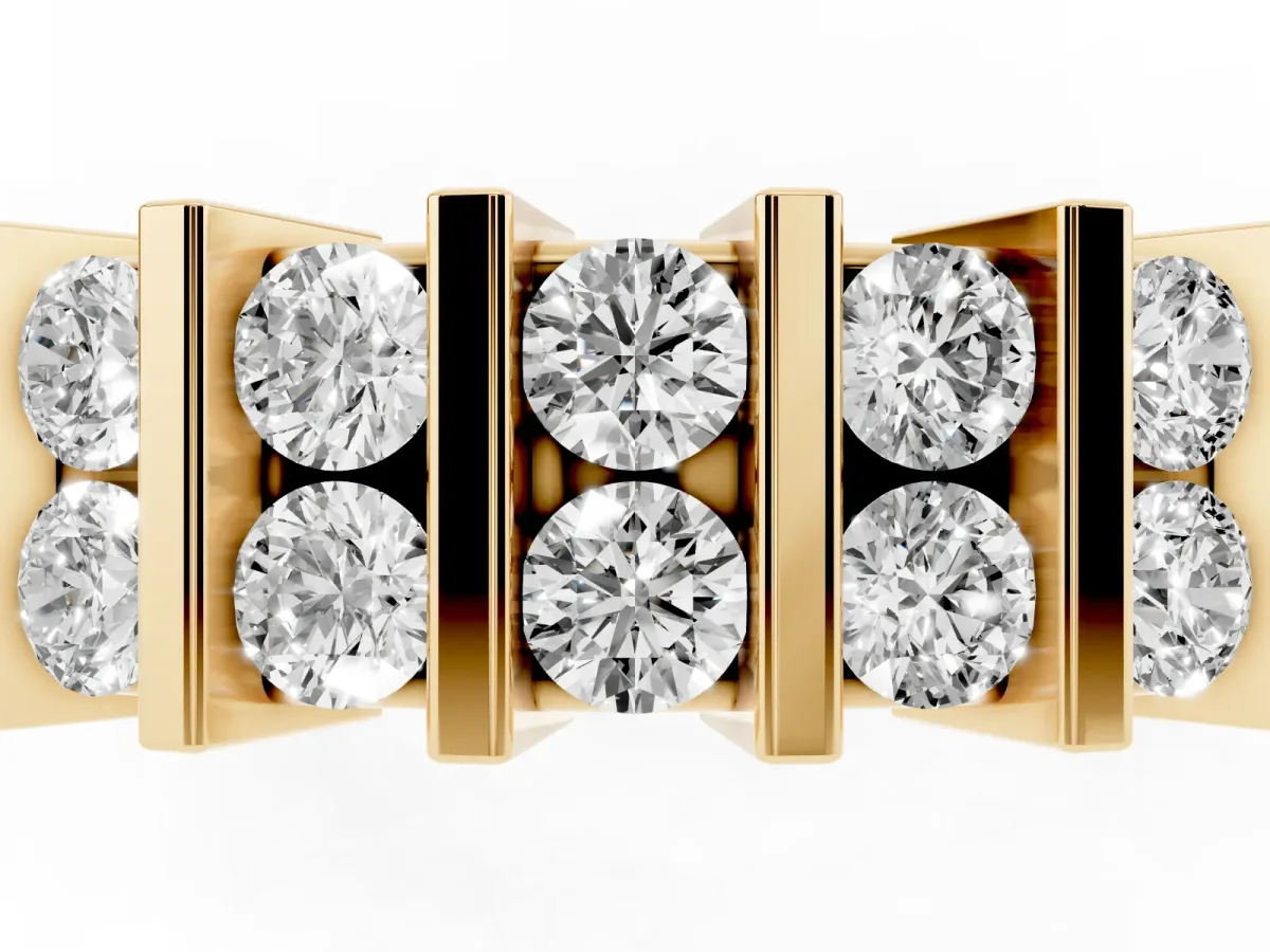 Channel Set Round Diamond Step Band with Bar Prong Setting Yellow gold