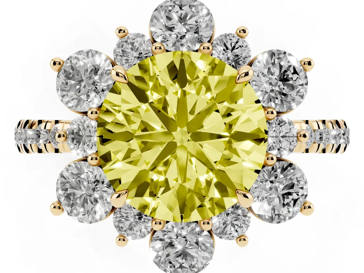 Fancy Yellow Round Cut Diamond Floral Halo Ring with Round Pavé Band and Prong Setting Yellow gold
