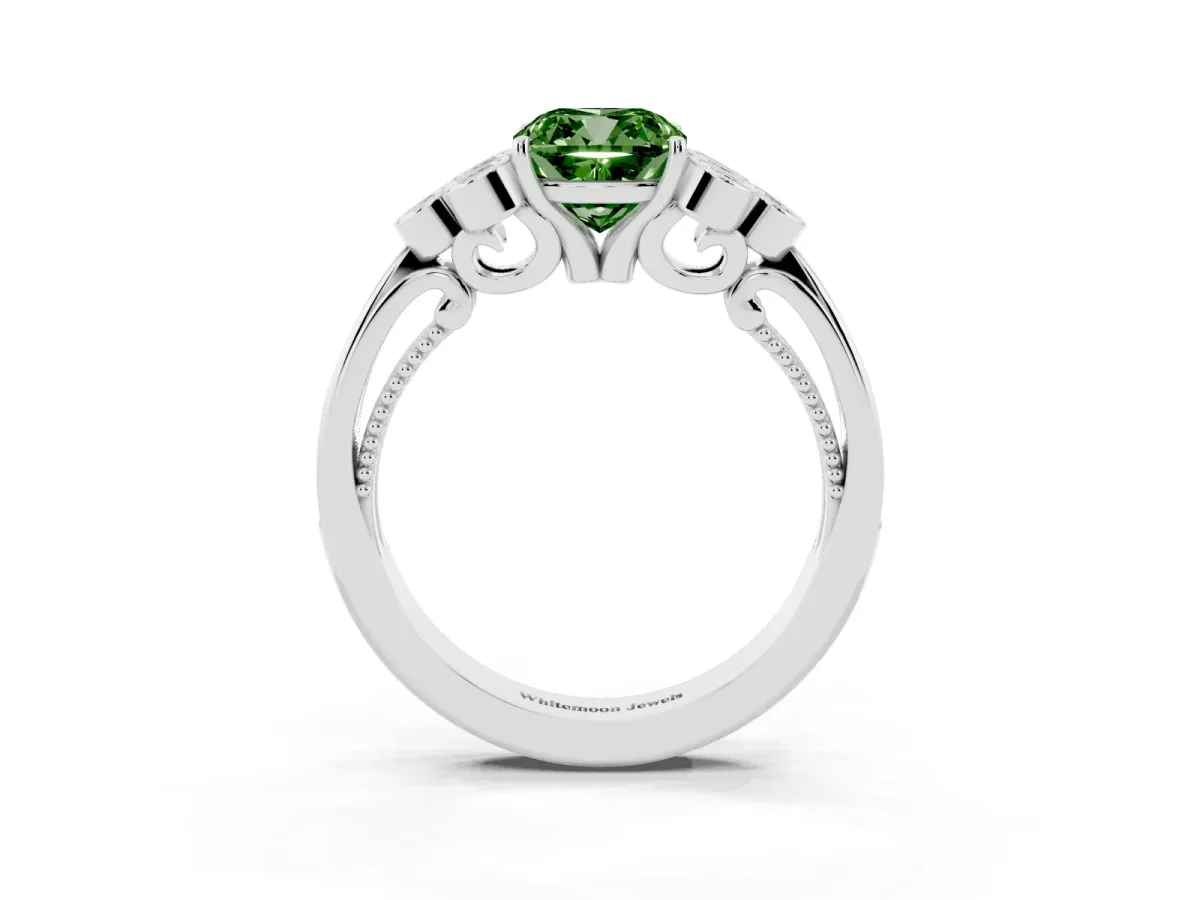 Fancy Green Cushion Cut Cut Diamond Engagement Ring with Bezel Set Round Side Stones and Prong Setting White gold